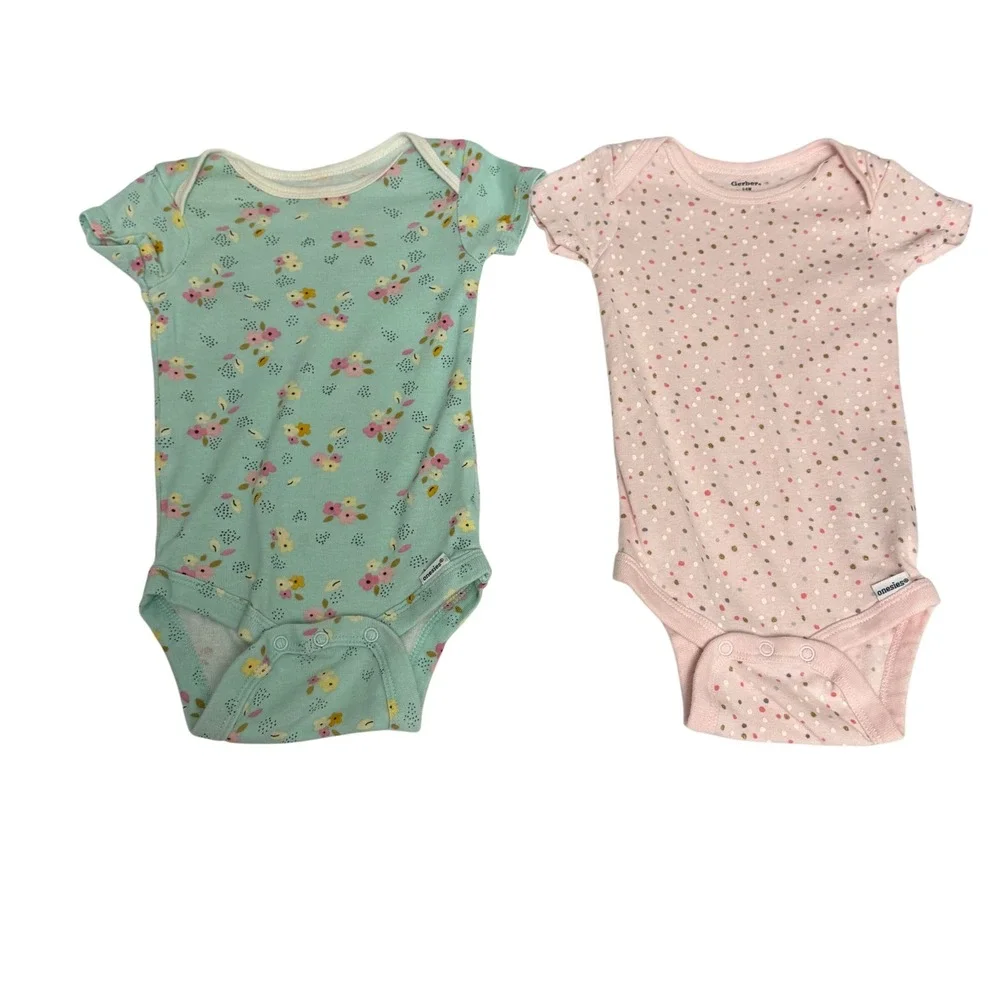 Gerber Baby Girls 3-6M Onesies 2 Pack Mint Floral Pink Polka Dot Cotton Snaps‎